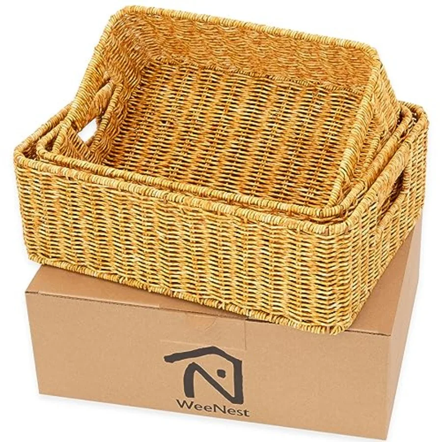 

Baskets for Organizing, Undershelf Wicker Storage, Hand Woven Organizer for Closet Organization, Rectangular, Set of 3