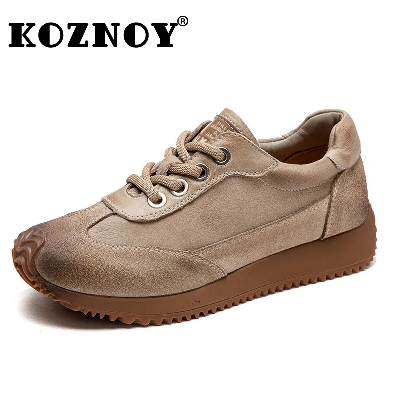 Koznoy 3cm Cow Suede Genuine Leather Spring Vulcanize Platform Autumn Flats Women Autumn Summer Loafer High Brand Lace Up Shoes