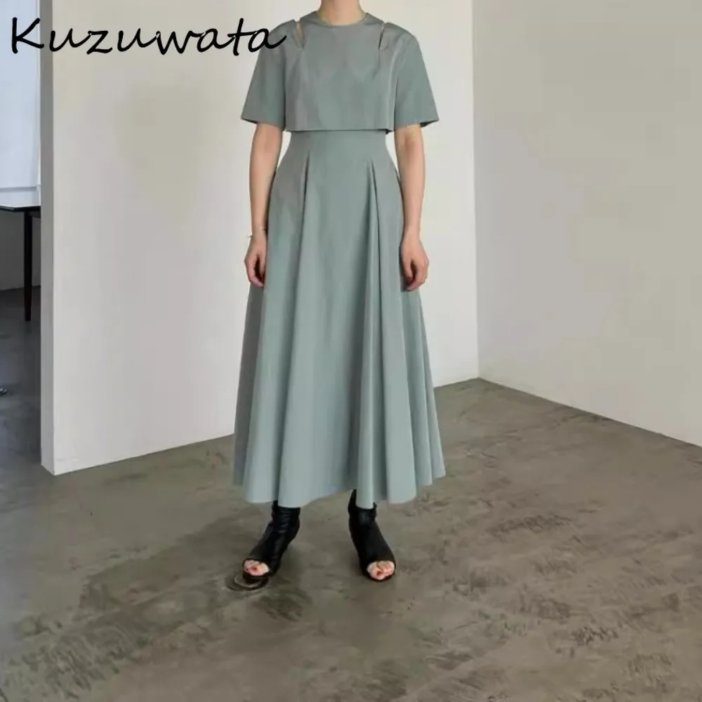 Kuzuwata New O Neck Half Sleeve Ruched Dress High Waist Loose Off Shoulder Slim Fit Robe Japan Fake Two Pieces Casual Vestidos