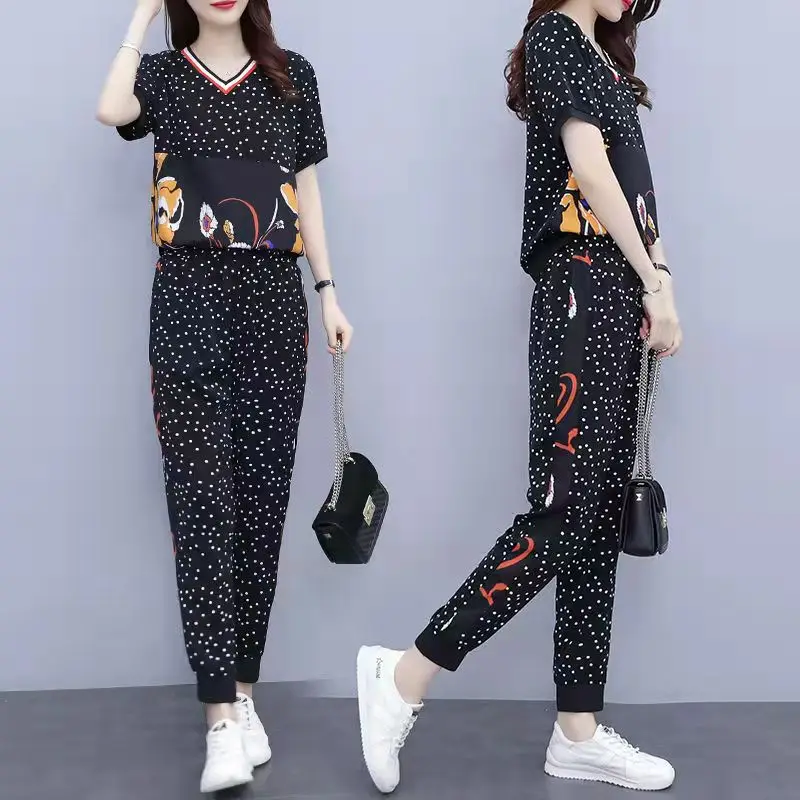 

Summer plus Size Casual Sportswear Set Women's Loose Fashionable Slimming Splice Anti-Aging Short Sleeve Two-Piece Set