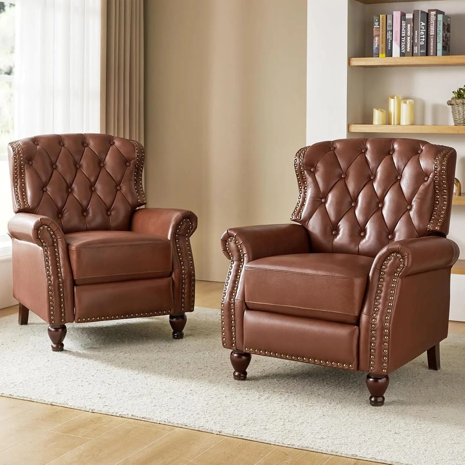 Genuine Leather Recliners with Button Tufted Design, Brown