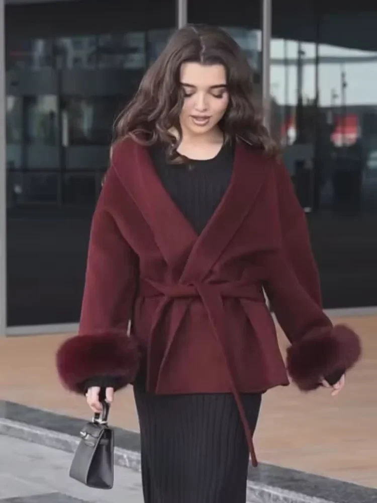 Elegant Solid Color Wool Blend Wine Red Lace Up Coat Woman Long Sleeves Faux Fur Female Spring Jacket 2025 Lady Chic Streetwear