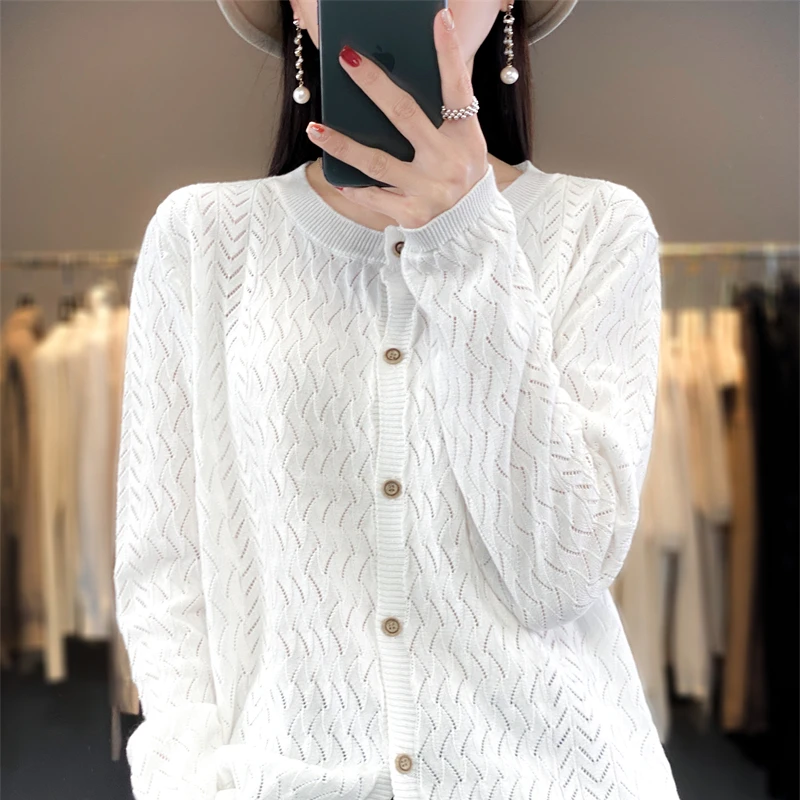 2023 Spring Autumn New 100% Cotton Round Neck Cardigan Women's Sun Protection Shirt Hollow Loose Knitted Top Long Sleeve Coat