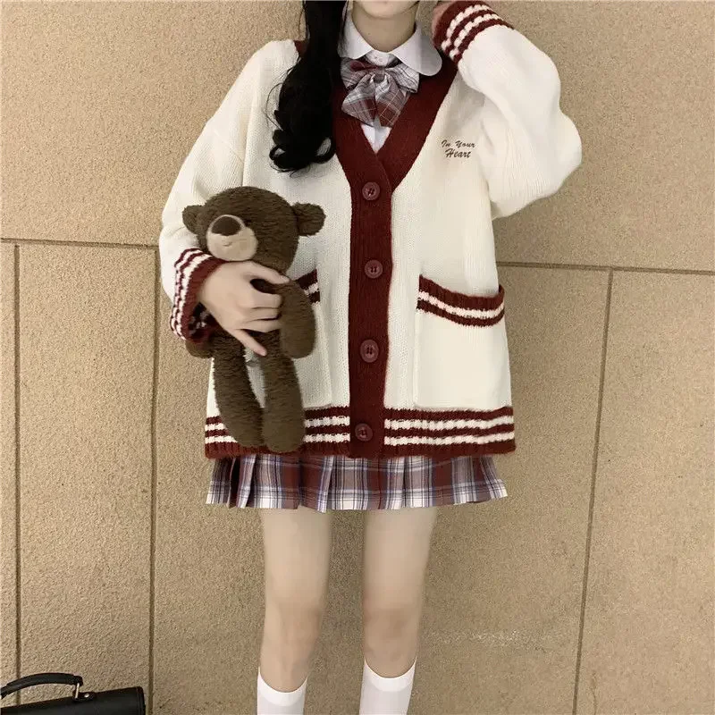 Autumn and Winter Cardigan Women New Japan Style Lazy Knit Cardigan Loose Sweet Contrast Cute Sweater Female Students Wear