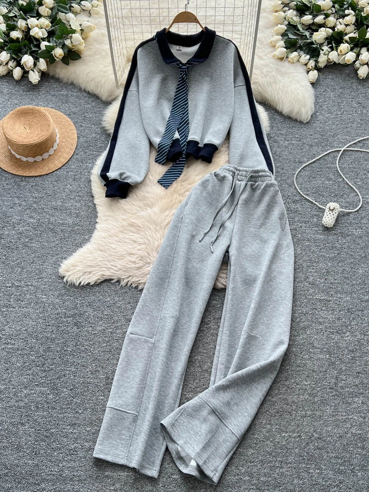 

Шикарный винтажный цветной блуз с длинным светом, свитшот с высокой талией, облегающие повседневные спортивные брюки, комплект из двух предметов, женская модная осенняя одежда