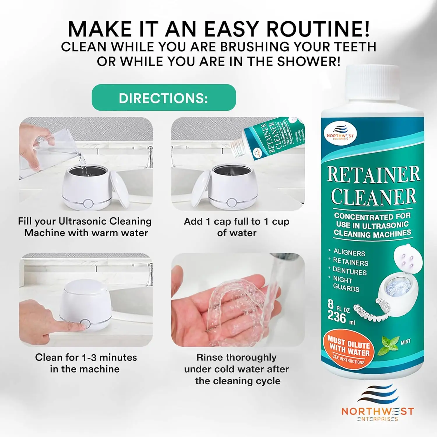 Ultrasonic Retainer Cleaner Concentrate - Mint - 32 oz - for Dentures, Invisalign, Mouthguards & Nightguards