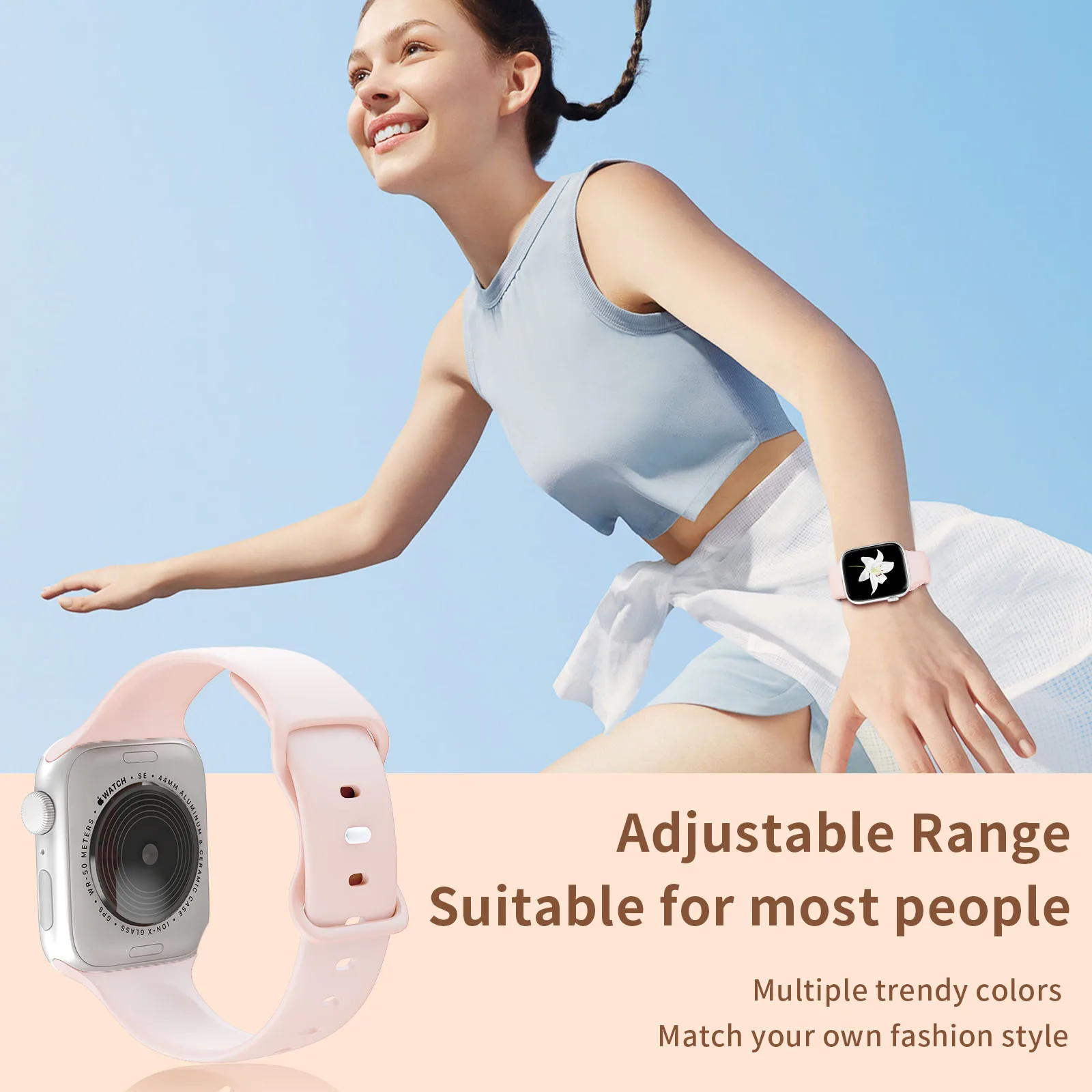 애플 워치 밴드용 패션 실리콘 루프, 여성용 스트랩, 10mm, 9mm, 7mm, 38mm, 40mm, 41mm, 42mm, 44mm, 45mm, 46mm