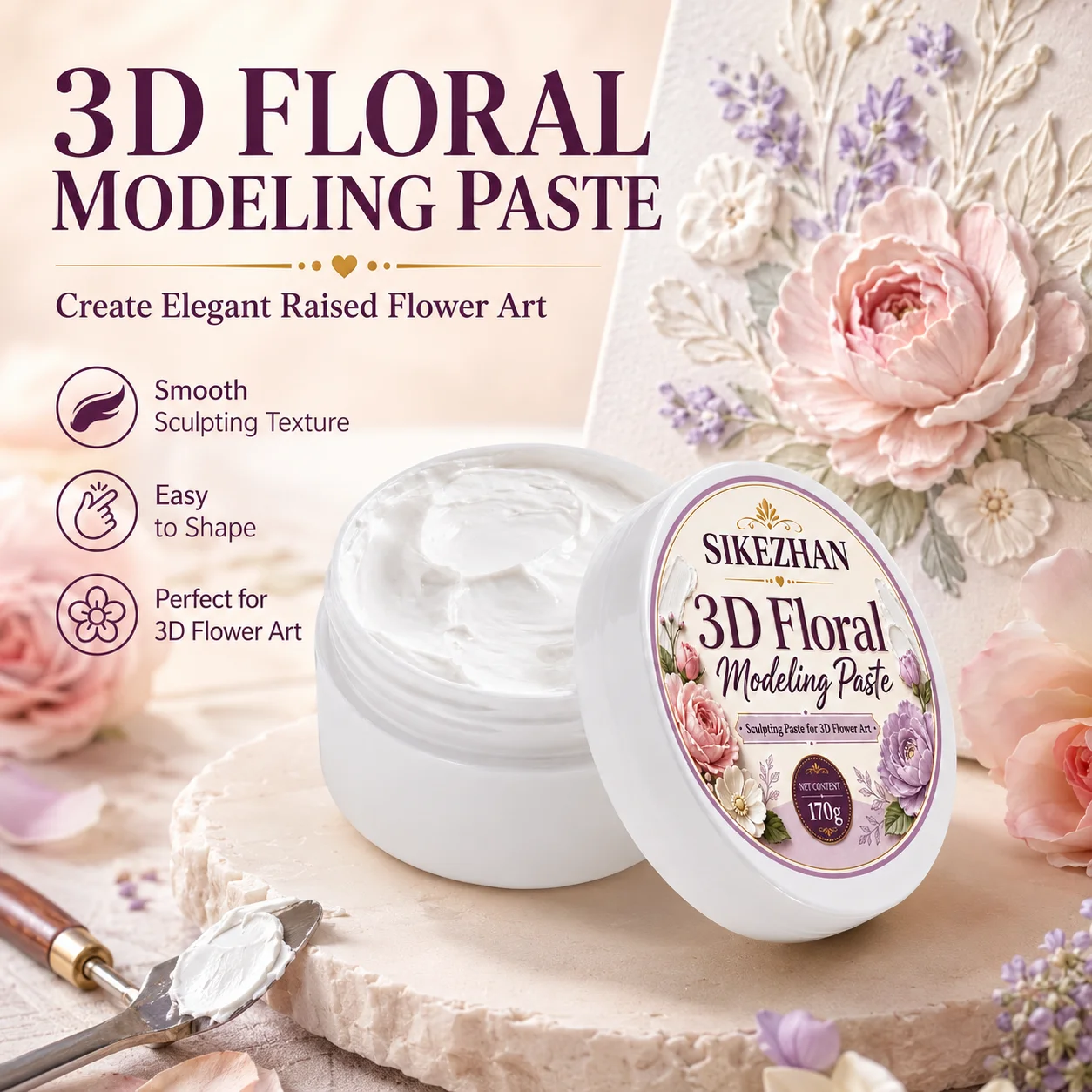 170g White 3D Floral Modeling Paste Heavy Texture Sculpting Relief Medium Palette Knife Painting Mixed Media Wall Art Crafts DIY