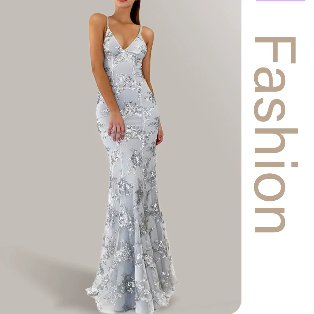 2026 new short-sleeved women's dress with halter V-neck backless sequined tie long dress fashionable outfit for cocktail parties