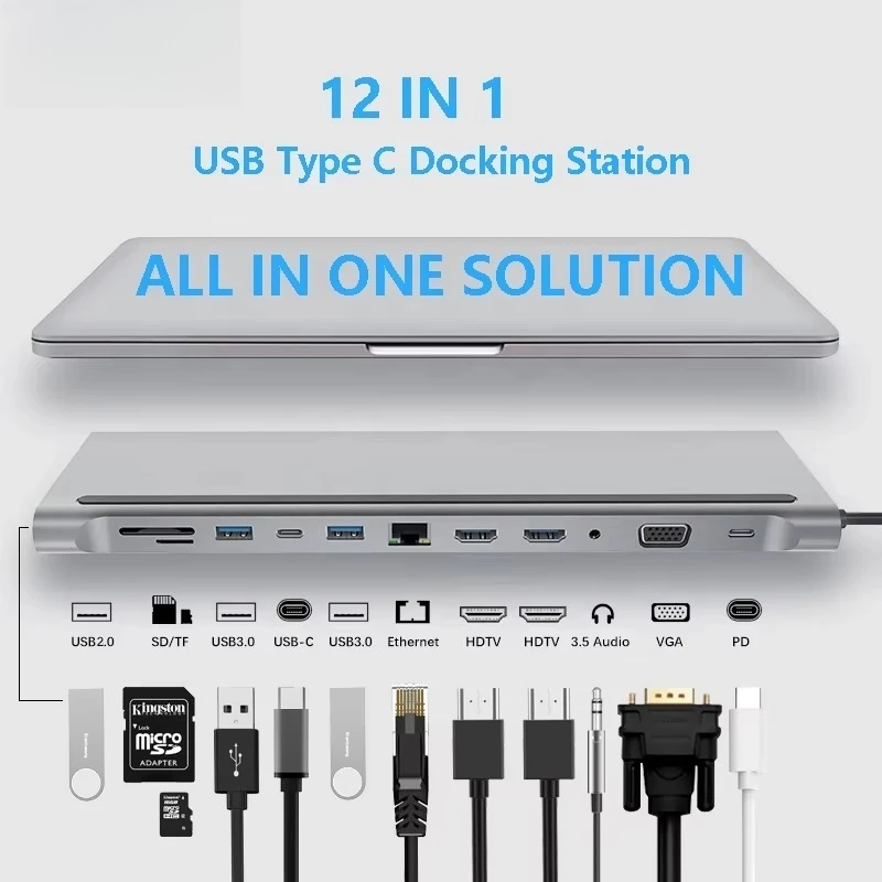 12-in-1 USB-C Docking Station Dual HDMI VGA PD 100W for MacBook PC Multi-port Adapter