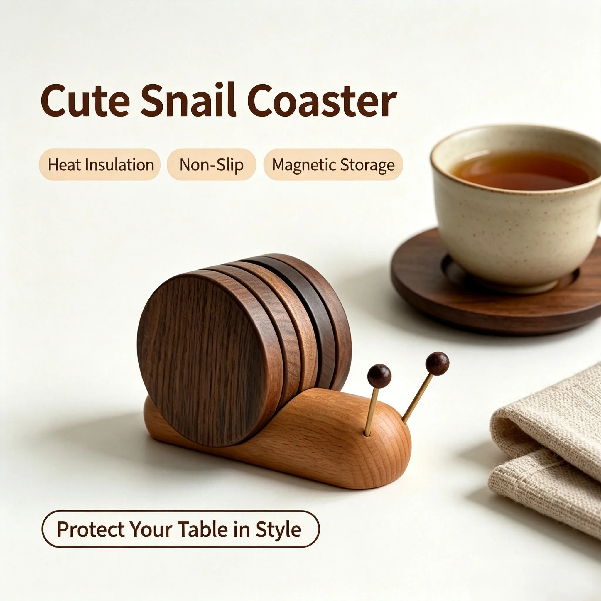 Cute Snail Shape Wooden Coaster Set Heat Insulation Round Cup Mat Desktop Decor Tea Coffee Bowl Trivet Table Protection Pad