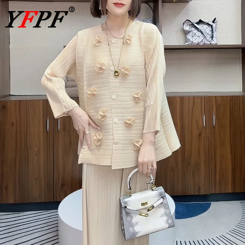 

YFPF Bow Spliced Design Pleated Blouse For Women O Neck Long Sleeve Button Shirt Casual 2025 New Clothing Fashion 3A316