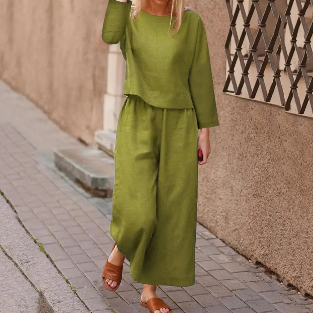 Lightweight Casual Suit Solid Color Women Pantsuit Elegant Women's Top Pants Set with Long Sleeves Round Neck T-shirt for Fall