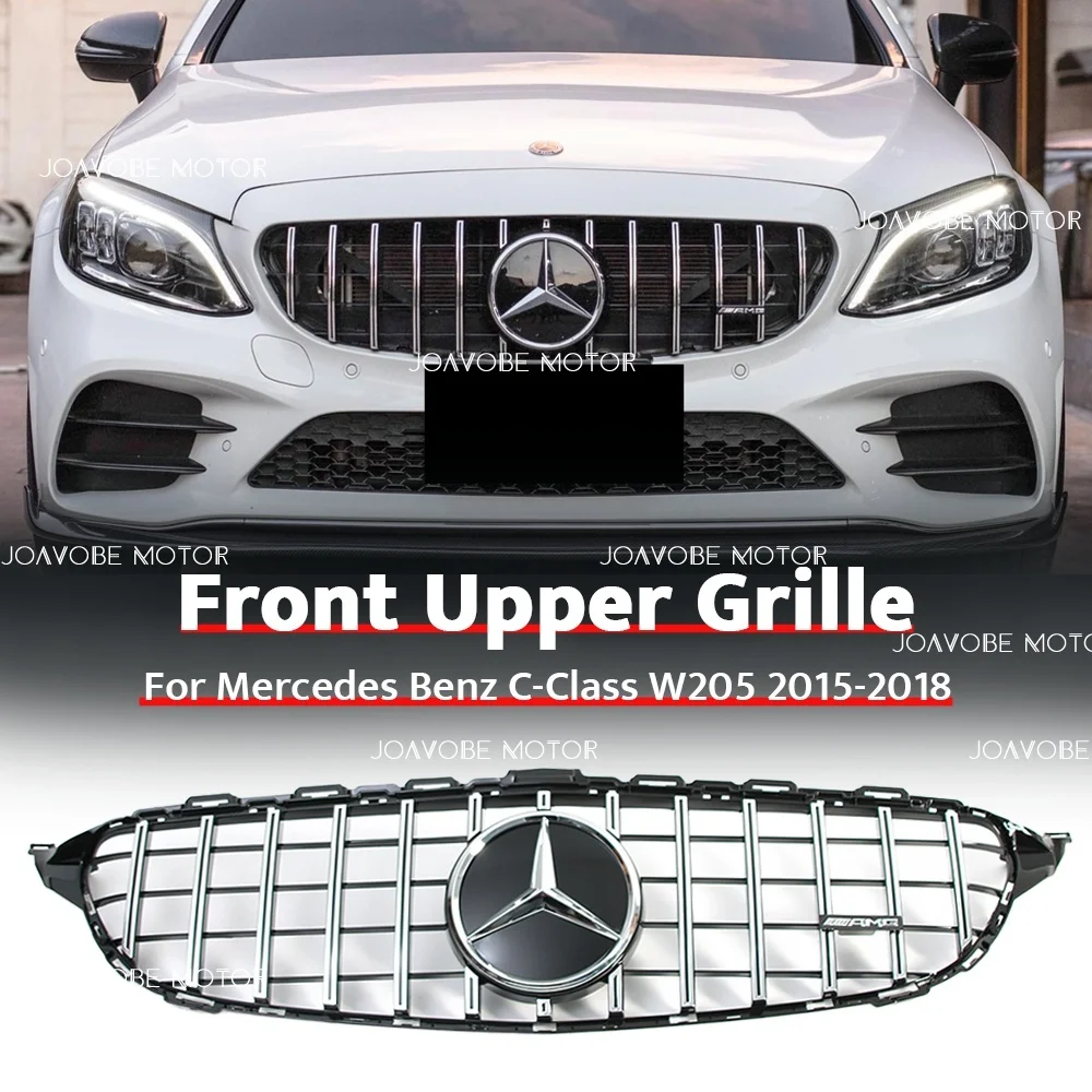 

Silver GTR Style Front Grille W/Silver Newest 3D Emblem For Mercedes Benz C-Class W205 S205 C205 A205 2015-2018 W/O 360 Camera