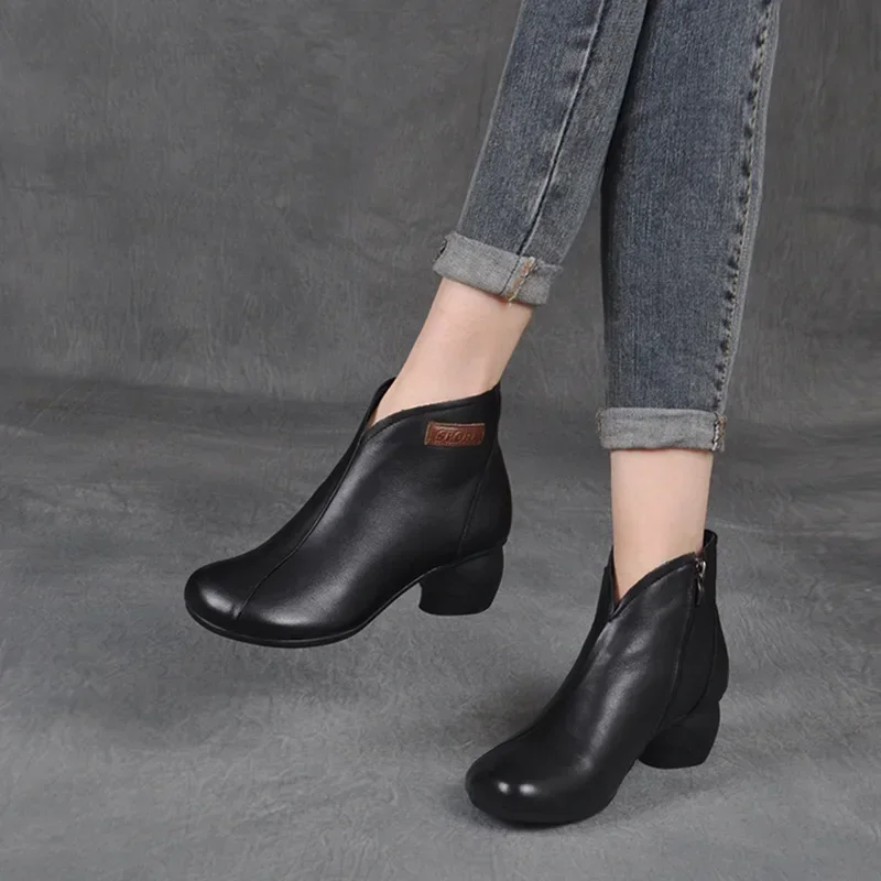 Women Boots Spring and Autumn Handmade Retro Womens Shoes Thick Heel Short Boots Medium Heel Genuine Leather Ankle Shoes Zapatos