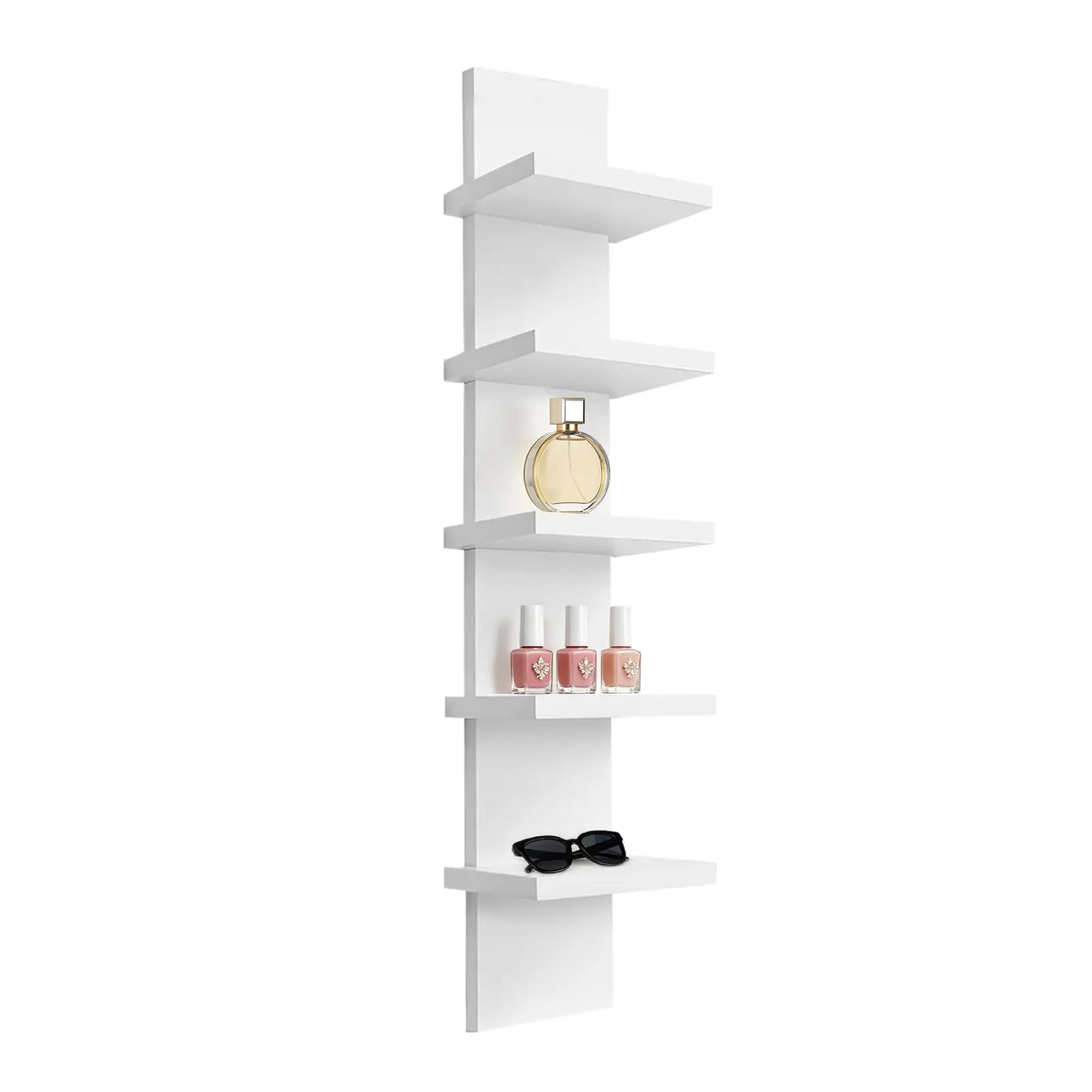 1Pc Modern White Vertical 5 Tier Wall Shelf, 5.1Inch Slim Floating Wall Mount Organizer, Decorative Narrow Storage Unit, Wall Decor Furniture For Bedroom, Living Room