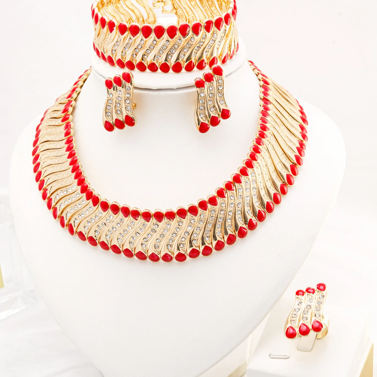 Fashion Dubai Gold Red Enamel Crystal Jewelry Sets 18K Gold Plated Jewelry Weddings Necklace Earrings for Women Christmas gift