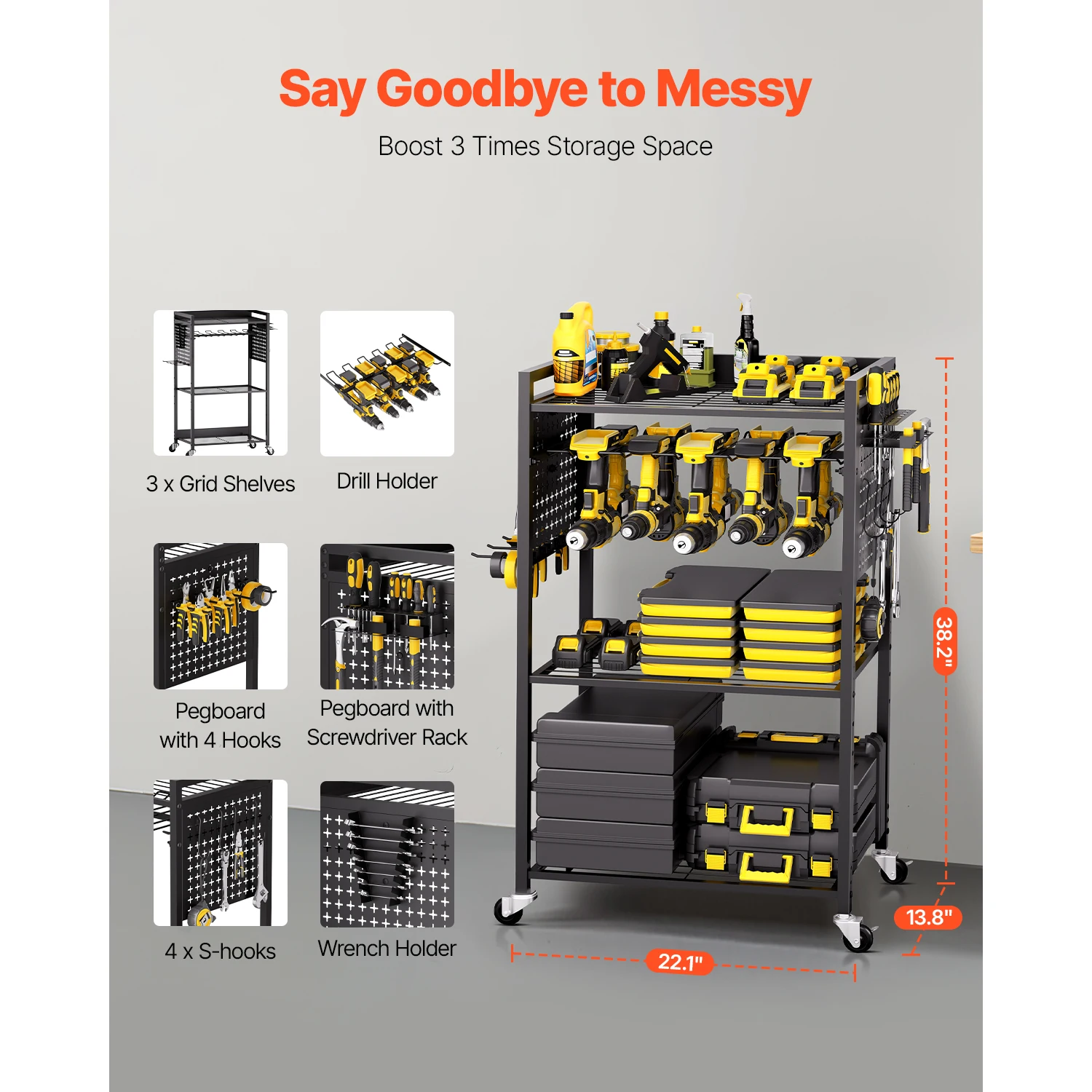 SucceBuy 4-tier Rolling Tool Organizer Cart 150 lbs Garage Floor Stand Storage Cart on Wheels Drill Holder Rack for Workshop