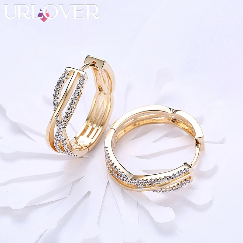 URLOVER 925 Sterling Silver Earring For Woman Geometry AAA Zircon Gold Clip Earrings Fashion Party Wedding Jewelry Birthday Gift