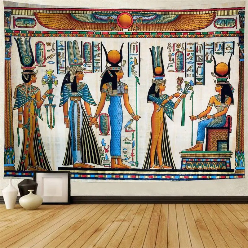 Vintage Egyptian Goddess Wall Tapestry Old Papyrus Hieroglyph Wing Sun Ancient Civilization Room Hanging Cloth Decor