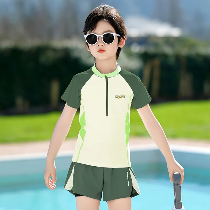 Pantaloncini a doppio strato Costumi da bagno per ragazzi Costume da bagno 2 pezzi Costume da bagno per bambini Manica corta Costume da bagno per ad asciugatura rapida per adolescenti