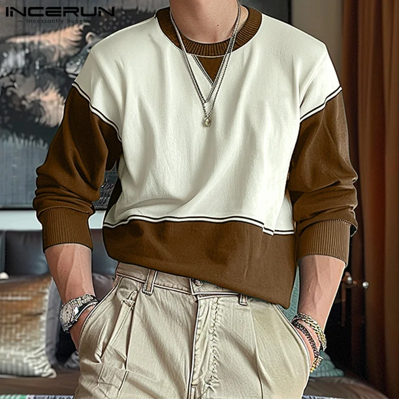 INCERUN Men's Casual Long Sleeve Tops 2024 Color Matching Splicing Hoosies Personality O-neck Sweatshirts Simple Clothing S-5XL