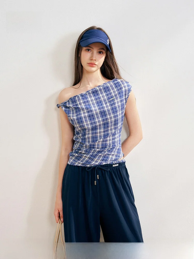 

Liilou Cotton Plaid ort Sve T-irt Women's Slim Fit oulder Bowed Waist Design Summer Commute Sle Pure Cotton irt