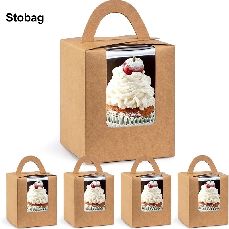 

StoBag 20pcs Kraft Paper Cupcake Box with Window Handheld Small Kids Gift Packaging for Dessert Storage Baking Birthday Party