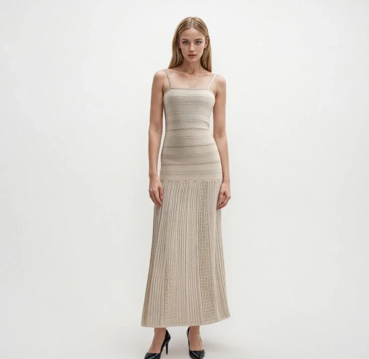 2025 summer women's sexy suspender dress sleeveless slim hollow pattern maxi dress