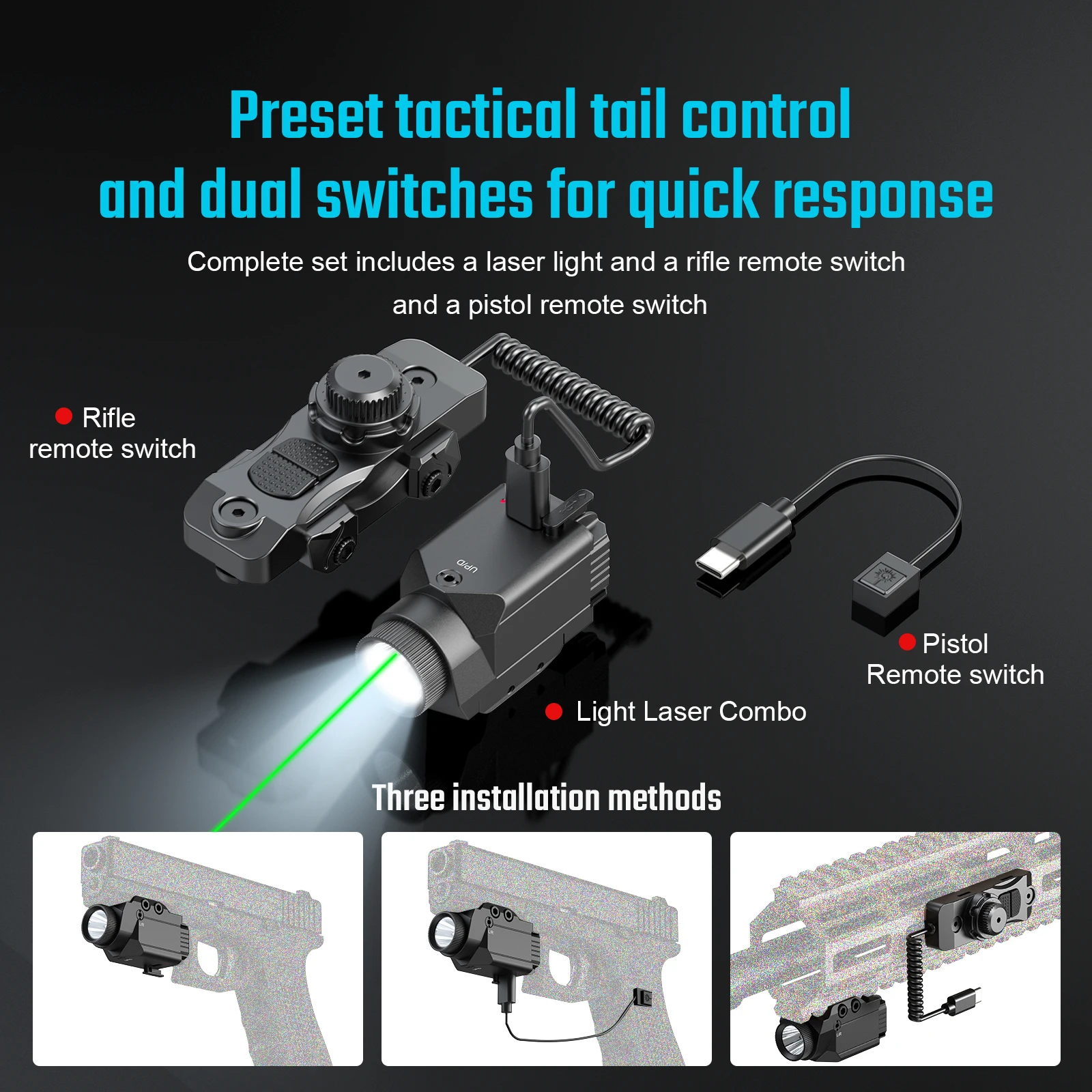 7020 Tactical Light & Green Laser Combo with Dry-Fire Training – Includes Dual Remote Switches, 600 Lumens, Rechargeable.
