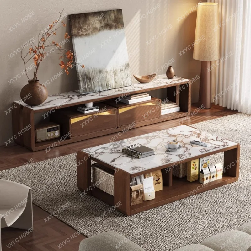 

L*Solid wood coffee table TV cabinet combination 2025 new light luxury small apartment living room home TV cabinet tea