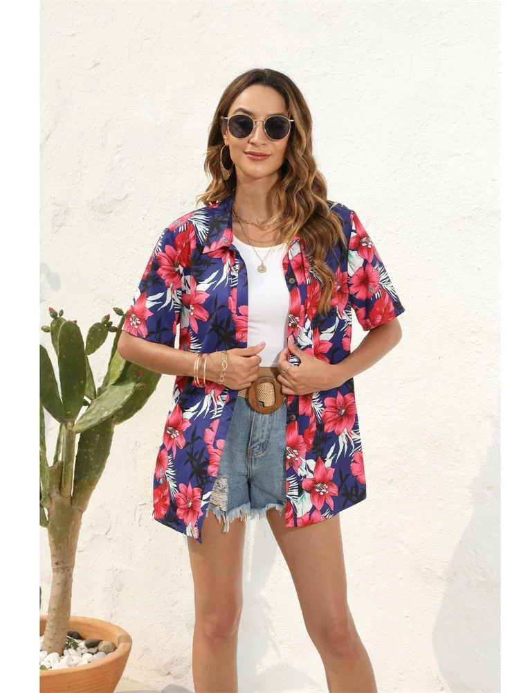 Лето 2022, женская рубашка с короткими рукавами в гавайском стиле, пляжная волна, пальма с принтом, летние каникулы, мода и повседневная