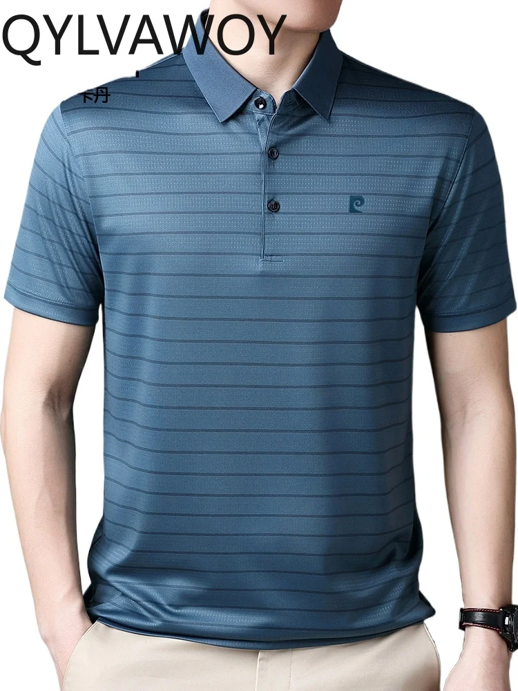 

QYLVAWOY Men's Short Sleeve T-Shirt 2025 Summer 100% Mulberry Silk Non-ironing Breathable Striped Dad POLO Shirt LJ2506