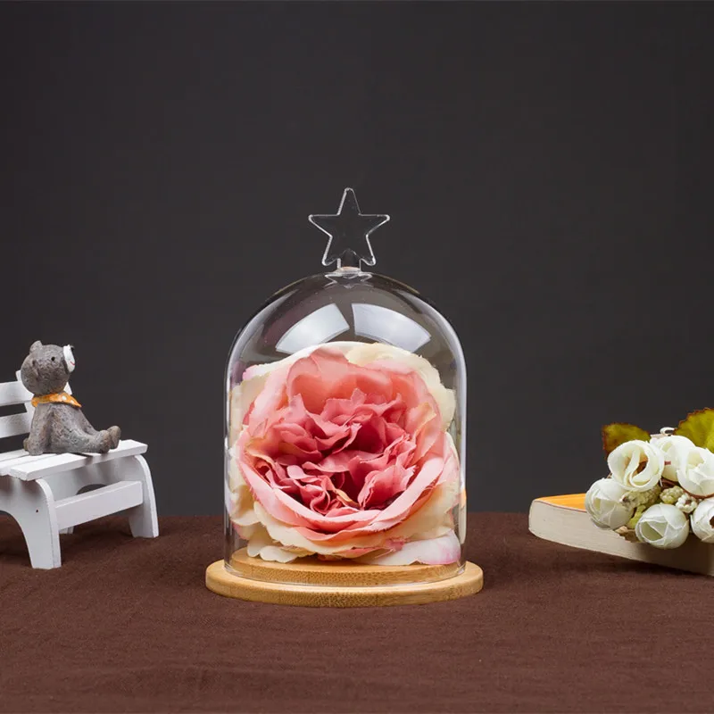 

2sets/pack 9*11cm Different Top Glass Dome Vase Home Deocration Bamboo Base Transparent Cover Wedding Live Prop Birthday Gift
