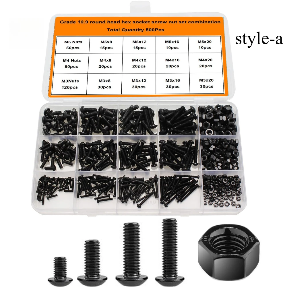 500pcs High-strength Hexagon Socket Screw Set SCM440(alloy Steel) Cup Head Round Cup Flat Cup with Nut Set M3 M4 M5 Screws