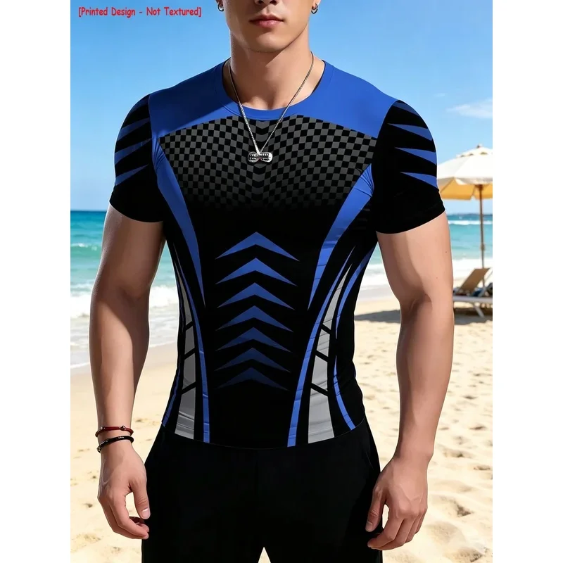 Men's Short Sleeve Sports T Shirt High Elasticity Quick Dry Geometric Checkered Print Breathable Compression Fitness Workout Tee