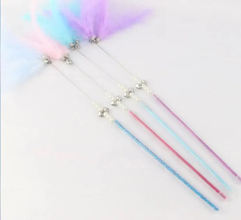 

100pcs Fun Toy for Cat Kitten Teaser Feather Chaser Wand with Bell Beaded Interactive Fishing Pole Catcher Exerciser Rod