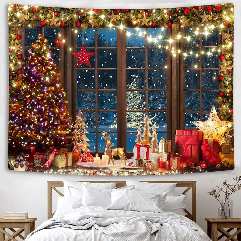 VIKAMA Christmas Tree Wall Hanging Tapestry, Cozy Winter Scene with Gifts Candles Snow Wreath Star for Holiday Home Decor