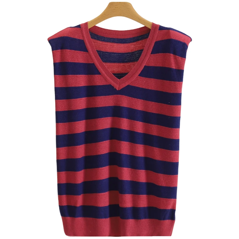 다용도 스트라이프 브이넥 니트 조끼 브랜드 25 가을 상의 편안한 스트레이트 컷 폴리에스터 섬유 후드 단품