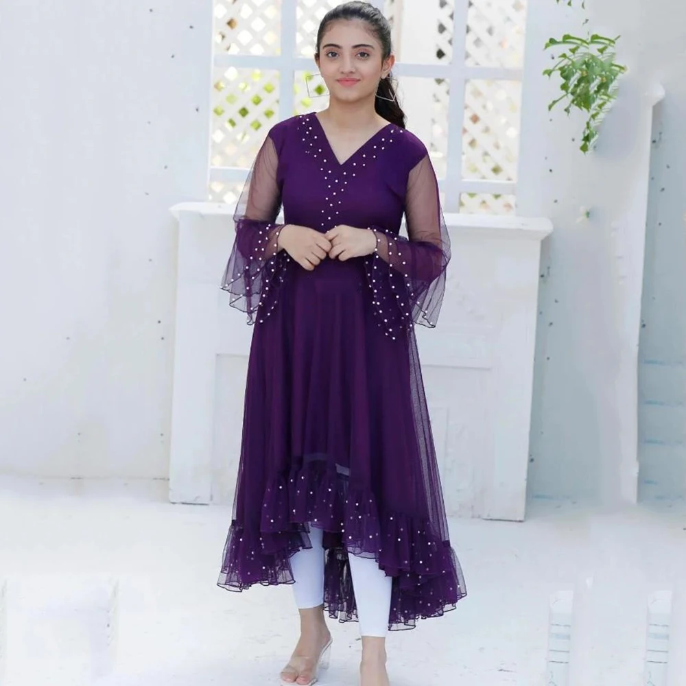 Customized Simple Purple Tulle Festival Dress A-line Beading V-neck Half Sleeves High-Low Length Formal Evening Party Prom Dress