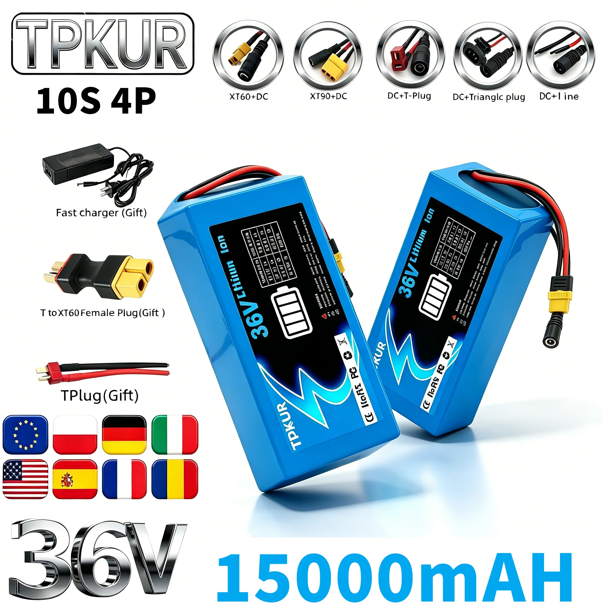 36V 10S 4P 18650 Battery Pack 15000mAh with BMS Protection Board and Charger for 200-1000W Motor Commute Device