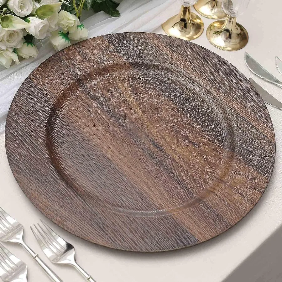 

13-дюймовые зарядные пластины, набор из 12 темно-коричневых пластиковых зарядных устройств с отделкой из искусственного дерева, одноразовые круглые акриловые сервизы в деревенском стиле в стиле бохо