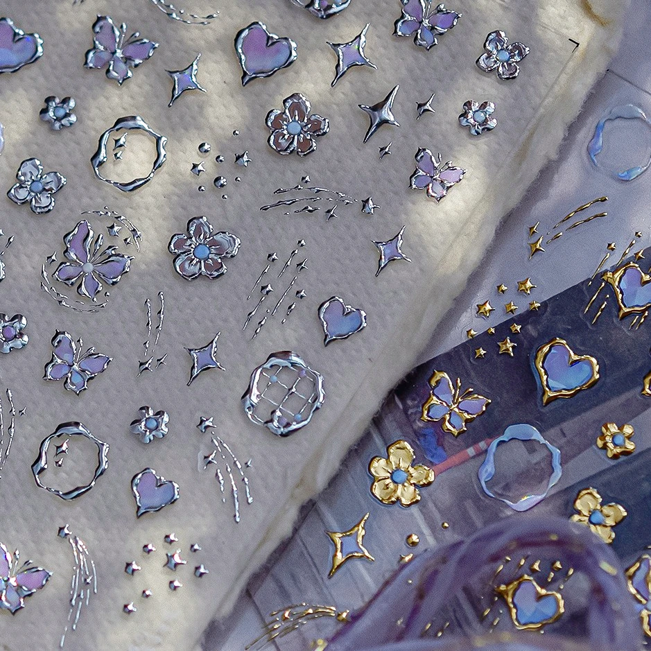 

Chic Butterfly Retro Border Photo Frame Flower Stars Meteor Moon Love Heart Hot Stamping Silver Nail Art Sticker Manicure Decals