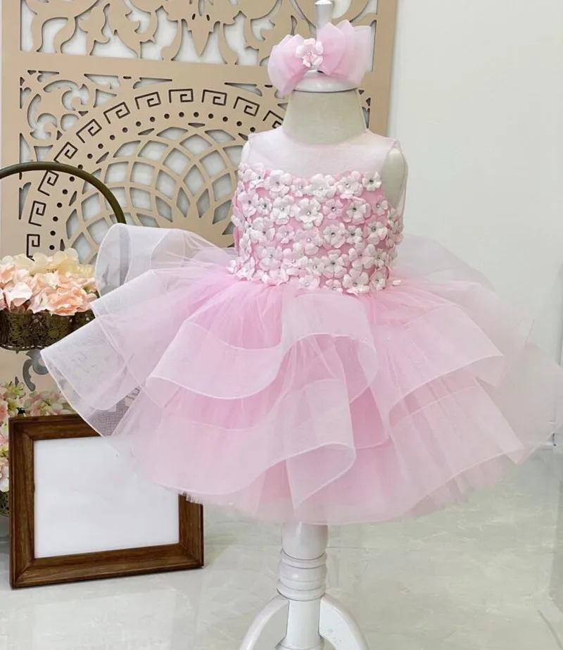 Flores cor-de-rosa organza vestido da menina do bebê vestido de festa da criança para o aniversário primeiro comunhão vestido fotografia