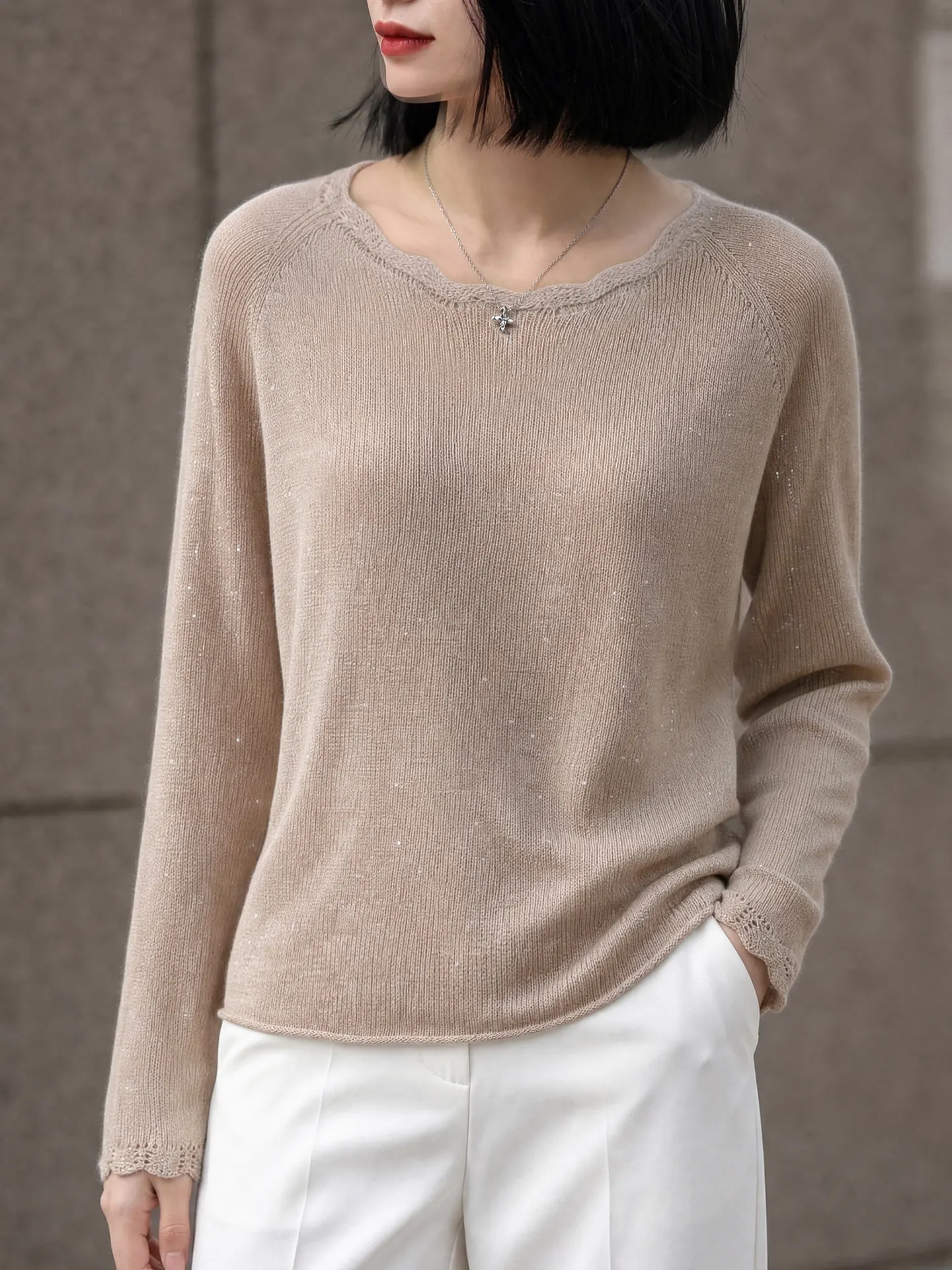 Fall Thin Lace Trim round Neck  Linen Knitted Base Shirt Women Loose Breathable Long Sleeve Inner Wear Elegant Top