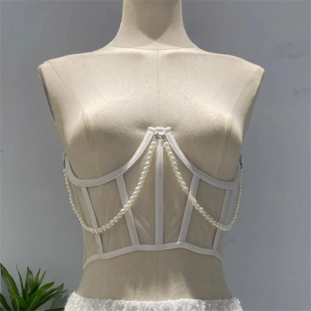 

Pearl Chain Mesh Cummerbunds Bustiers Tied Transparent Female Waistband High Waist Corset Tank Tops Wide Waist Belt Dress