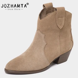 JOZHAMTA Size 33-40 Women Western Boots Ankle Boots Suede Real Leather Wide Calf Cowboy Short Booties Cowgirl Retro Casual Dress