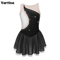 Kids Girls Artistic Skating Dress Shiny Rhinestone Ballet Jersey Body Lyrical Dance Costume Rhythm Gymnastics Tight jumpsuit