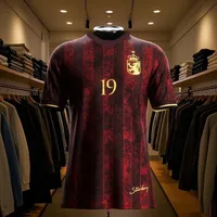 3DPrint Men's Deep Red  Football Shirt No.19 Latest Arrival Men's and Women's Breathable Loose Lamine Football Crew Neck T-shirt