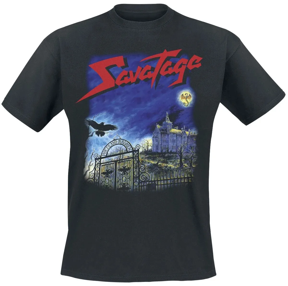 Camiseta Savatage Poets and Madmen, camiseta de heavy metal com estampa de mansão gótica e corvo, merchandising para fãs da banda